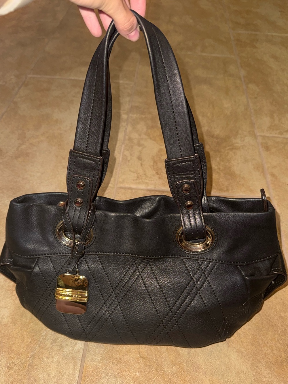 B. Makowsky Navy Blue/Black Leather Tote Shoulder Bag